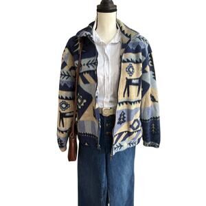 Vintage 90s Fleece Zip Up Jacket Southwest Aztec Deer Print Size M
